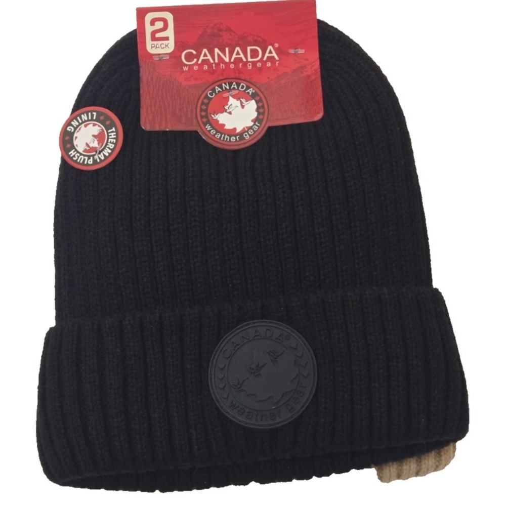Canada‎ Weather Gear 2 Pack Thermal Plush Lined Hats OS Black/Beige NWT